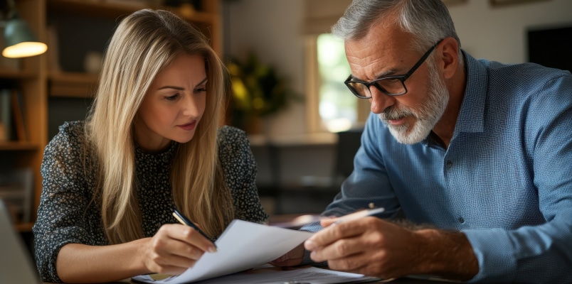 A middle-aged couple discussing their inheritance paperwork and how to minimize estate and inheritance taxes for their children