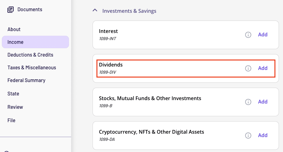 A screenshot showing where to find Form 1099-DIV in the new dashboards view in TaxAct