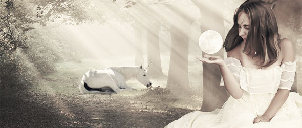 A woman in white looks at a snow globe while a white horse bathed in ethereal light lays in the background.