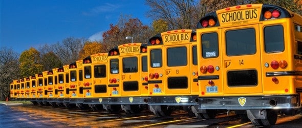 Yellow school buses standing in a row