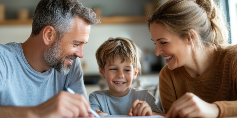 A young couple with their small child all smiling as they discuss how the inheritance tax works