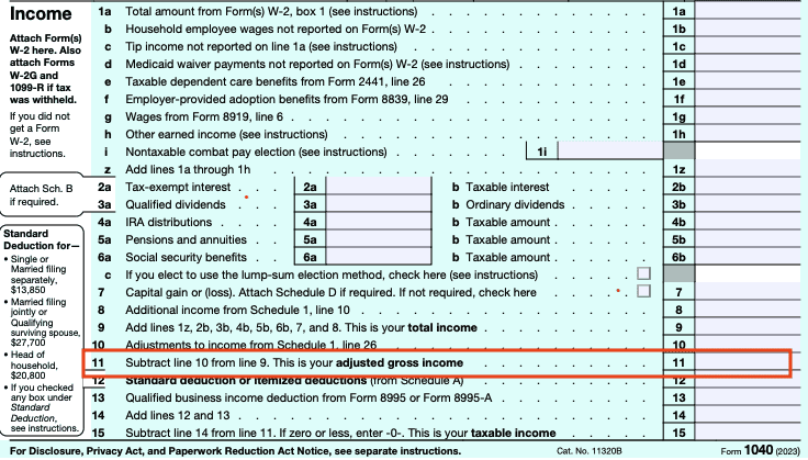 An image highlighting where AGI is located on line 11 of IRS Form 1040