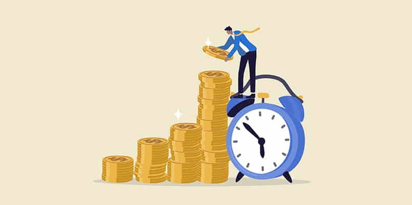An illustration of a businessman standing on a clock and creating a stack of coins