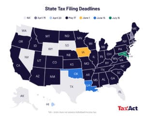 Map of USA highlighting State wise Tax Filing Deadlines.