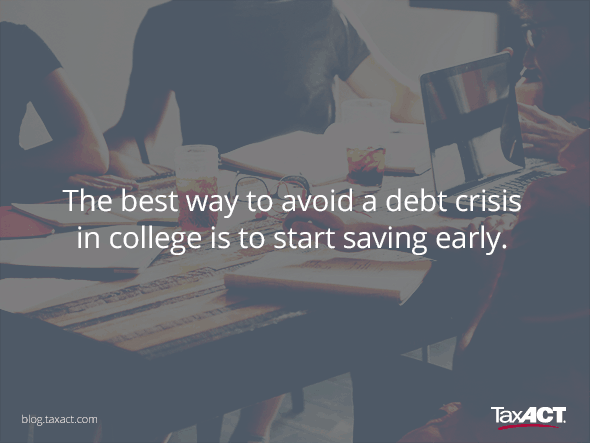 Friends sitting around a table with text the best way to avoid a debt crisis in college is to start saving early