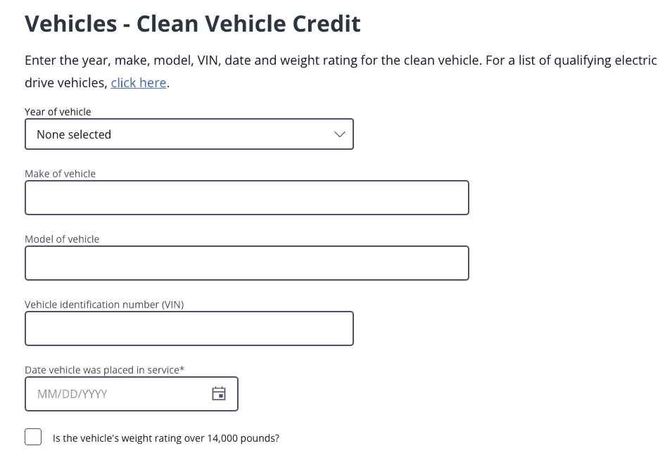 A screenshot of TaxAct's software showing what information you need to provide about your vehicle
