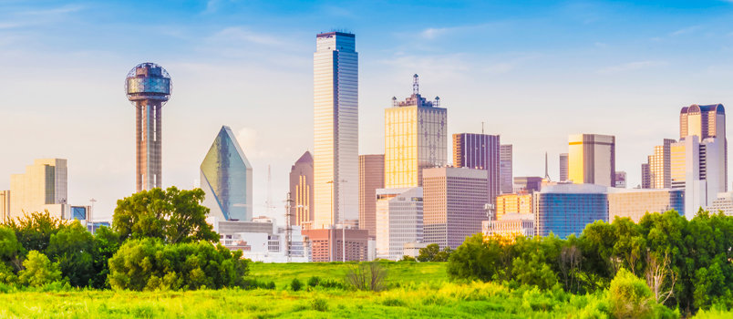 Dallas skyline cityscape with spring foliage
