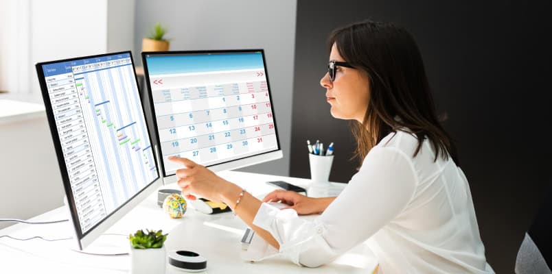 A corporate business owner conducting business on her two desktop monitors