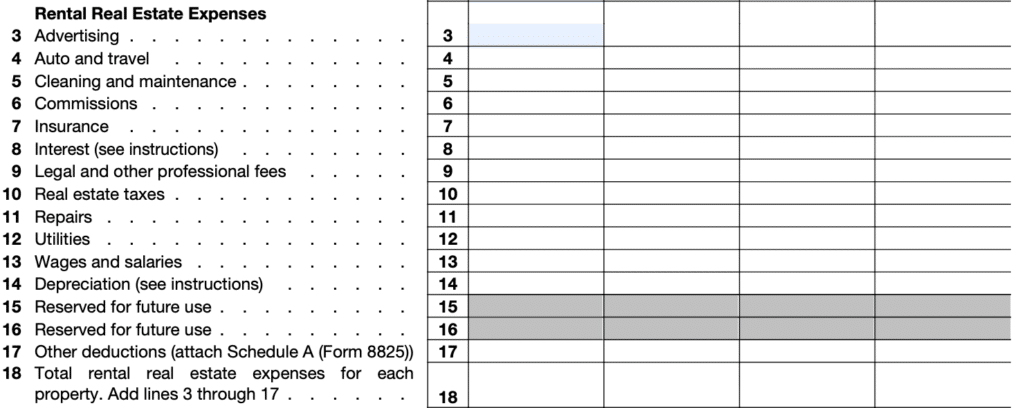 Form 8825 Section III: Rental real estate expenses (lines 3-18)