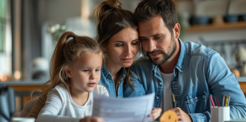 A young couple and their small child all looking at a copy of Form 8962