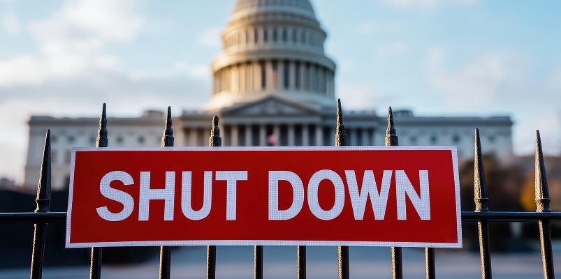 Red “shut down” sign in front of the U.S. Capitol building, representing IRS operations during a federal government shutdown.