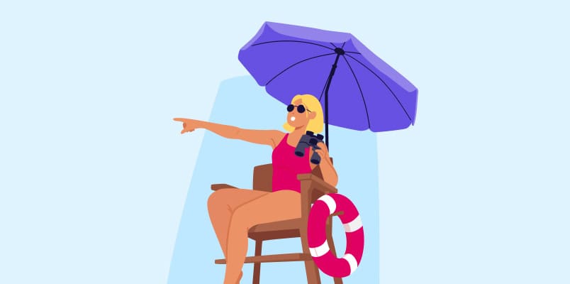A cartoon image featuring a woman working as a lifeguard for her summer job