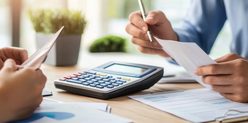 A close up of the hands of two people reviewing financial documents and using a calculator at a desk, symbolizing tax planning and paperwork after divorce or separation.