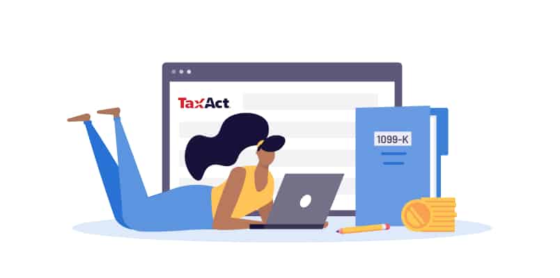 A visual representation of a businesswoman working from home, with a laptop, book, pencil, coins, and the TaxAct logo in the background.
