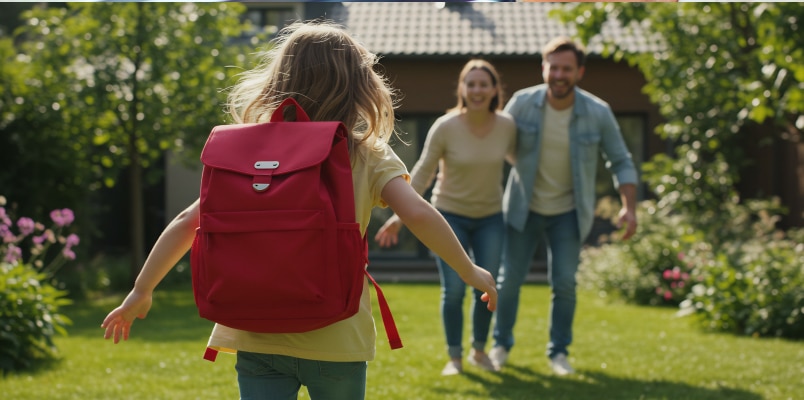 A small child with a red backpack runs to her parents who are waiting outside their house