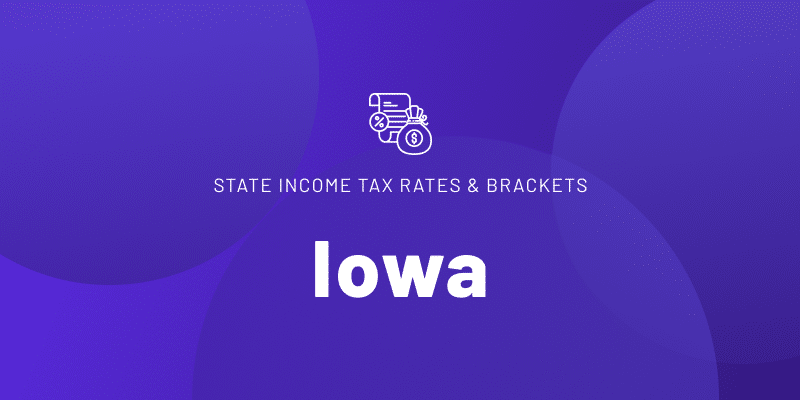 Text that reads "STATE INCOME TAX RATES & BRACKETS" with "Iowa" in large, bold white letters.
