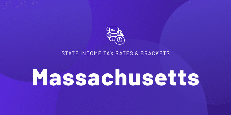 Text that reads "STATE INCOME TAX RATES & BRACKETS" with "Massachusetts" in large, bold white letters.