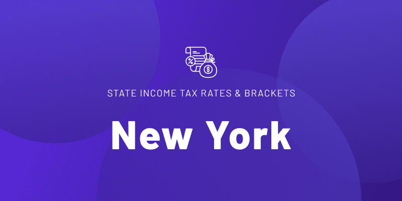 Text that reads "STATE INCOME TAX RATES & BRACKETS" with "New York" in large, bold white letters.