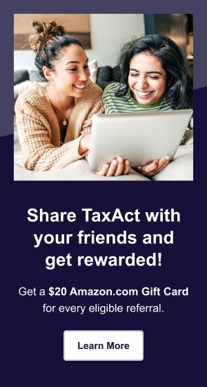 Refer a friend program by TaxAct mentioning its details as two friends wave at each other virtually