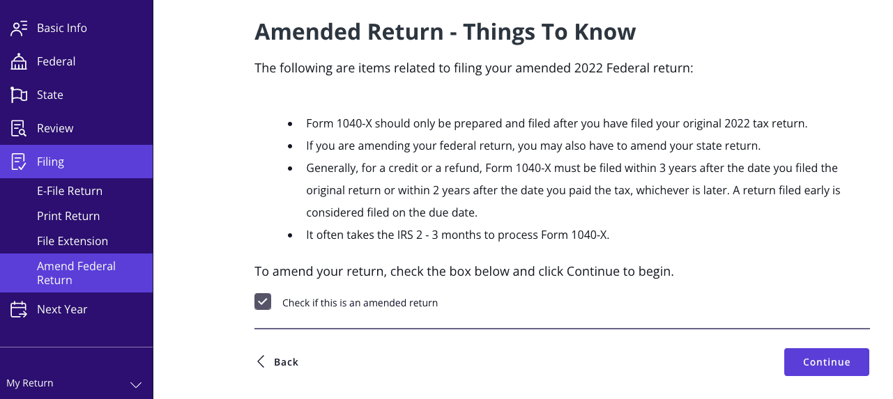 A screenshot of TaxAct showing how to amend your return within the tax filing software