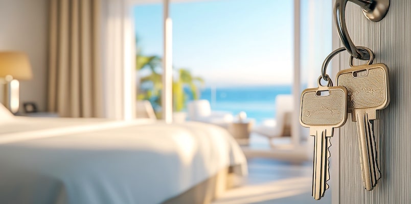 Vacation rental bedroom with keys on the door illustrating the short-term rental tax loophole.