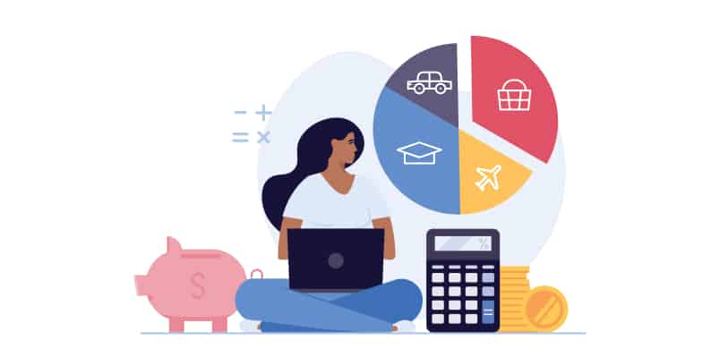 An infographic featuring a woman with a laptop, a calculator, and piggy bank next to a multi-colored pie chart.
