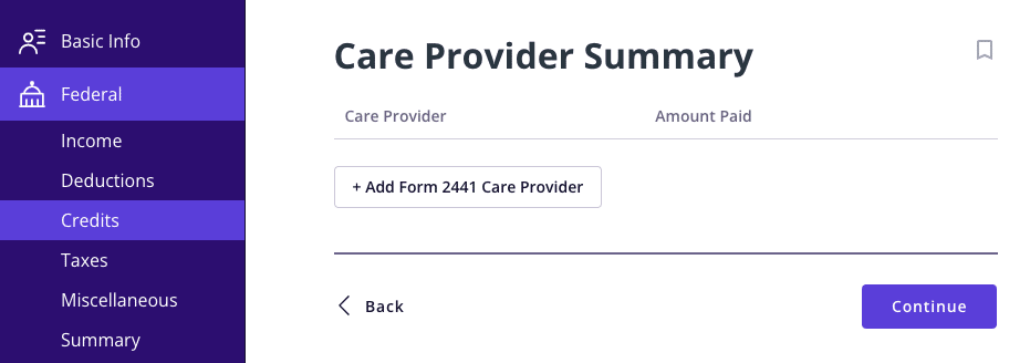 A screenshot showing where to add care provider info for the child care tax credit in TaxAct