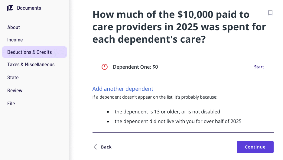A screenshot showing where to enter child care expenses for each dependent in TaxAct