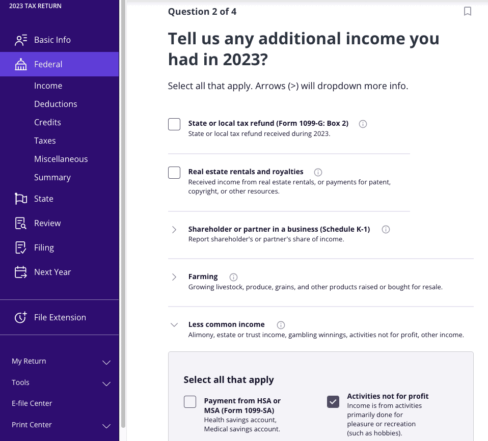 A screenshot showing how to add activities not for profit listed on Form 1099-K in TaxAct's tax filing software