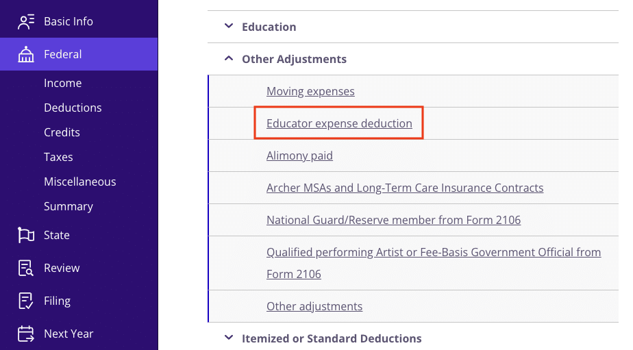 A screenshot showing where to claim the educator expense deduction in TaxAct