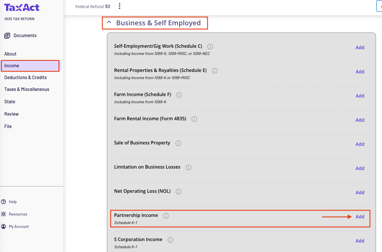 A screenshot showing how to fill out Schedule K-1 in the new TaxAct dashboard