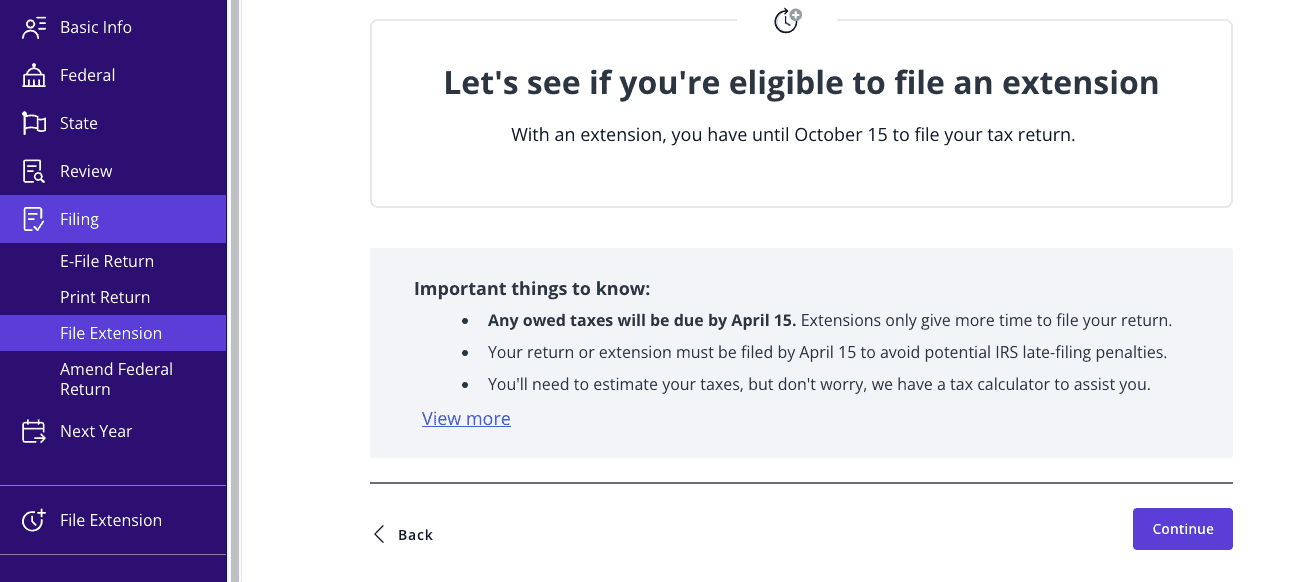 An image showing where to request a tax extension using TaxAct's e-filing software