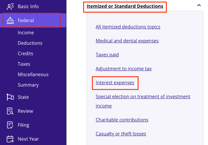 A screenshot showing where to enter interest expenses for Form 1098 Mortgage Interest Statement