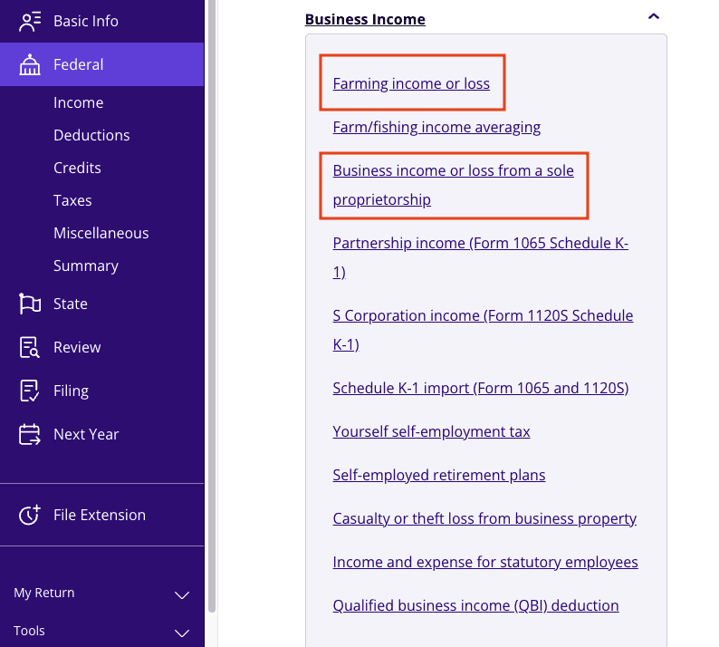 A screenshot of where to report Form 1099-A for farming or business income in TaxAct