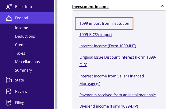 A screenshot of where to report Form 1099-CAP using electronic import in TaxAct