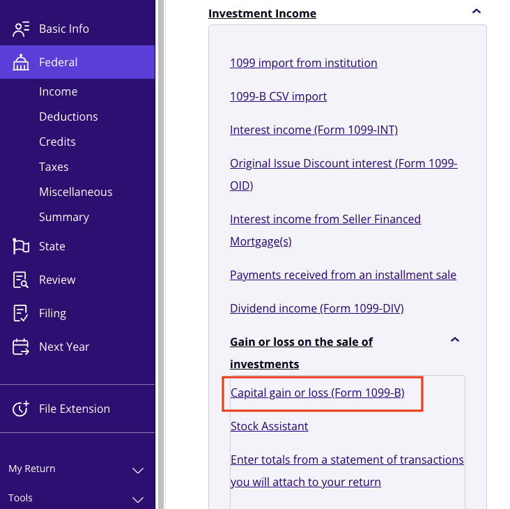 A screenshot of where to report Form 1099-LS as a capital gain or loss in TaxAct