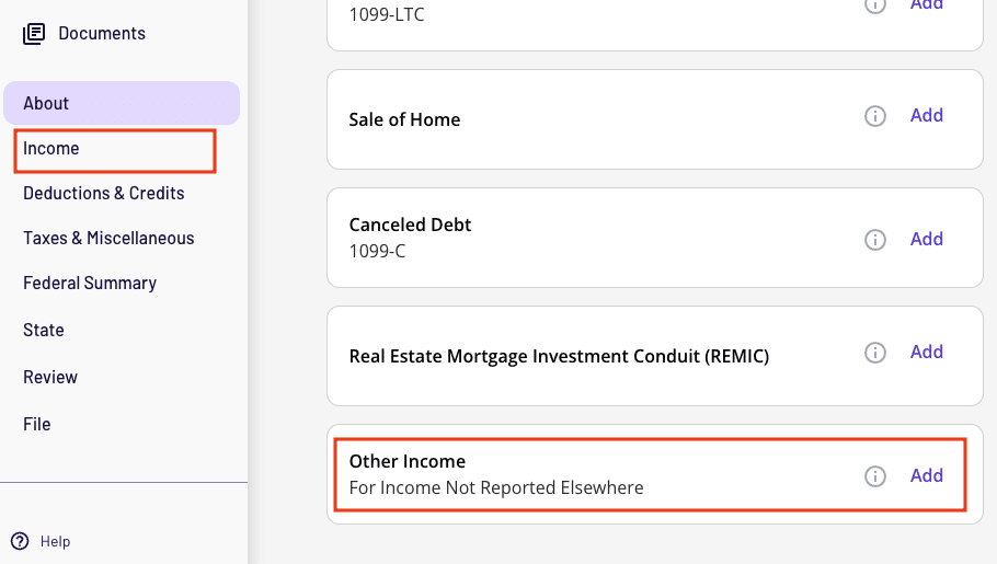 Une capture d'écran montrant où déclarer 1099-LS comme autre revenu dans la vue du tableau de bord TaxAct