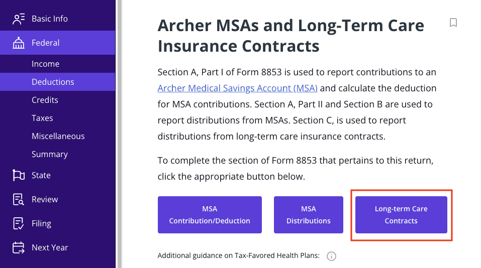 A screenshot of where to report Form 8853 for long-term care contracts in TaxAct