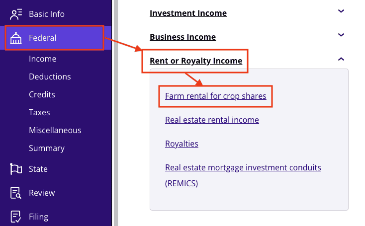 A screenshot of where to report Form 1099-PATR using Form 4835 in TaxAct