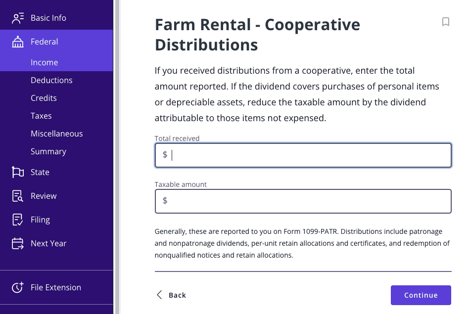 A screenshot of where to report cooperative distributions as farm rental income in TaxAct