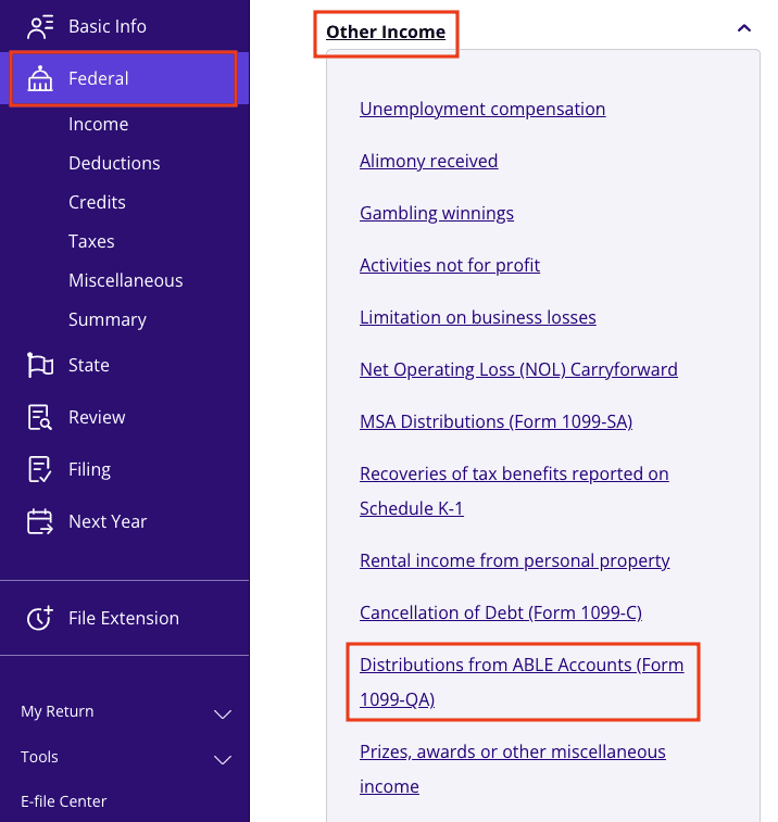 A screenshot of where to report Form 1099-QA in TaxAct