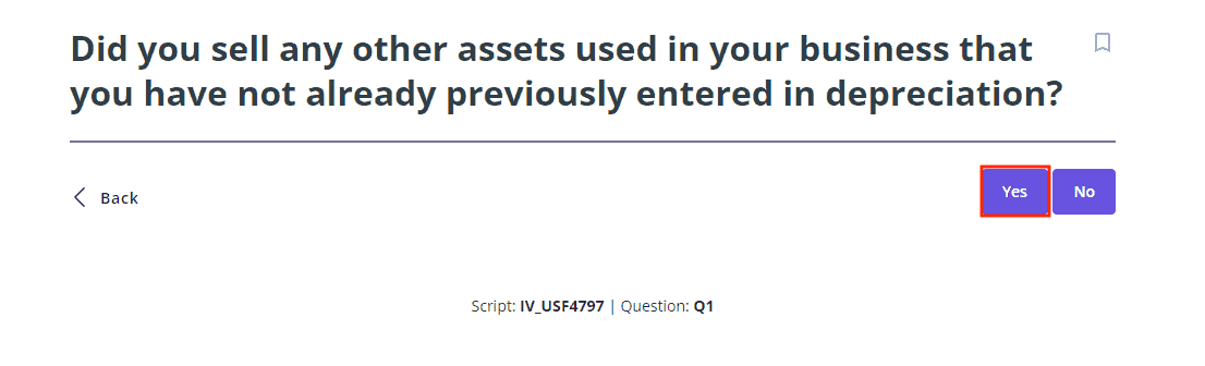 A screenshot of how to report the sale of business property that never depreciated in TaxAct