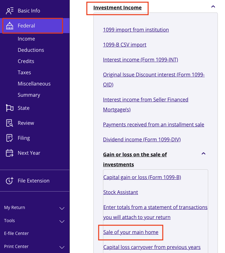 A screenshot of where to report the sale of your main home with Form 1099-S in TaxAct