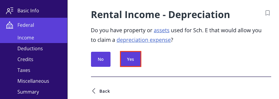 A screenshot of where to report depreciation for rental income in TaxAct