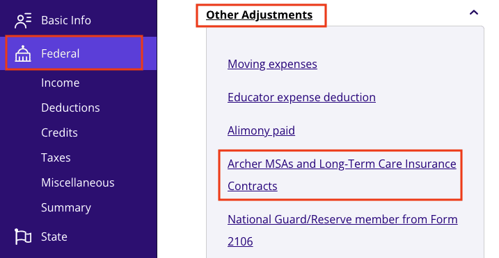 A screenshot showing how to report Archer MSA distributions using Form 1099-SA in TaxAct