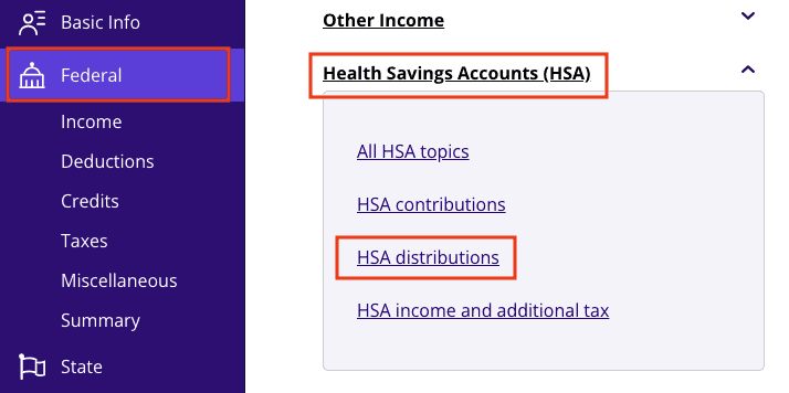 A screenshot showing how to report HSA distributions using Form 1099-SA in TaxAct