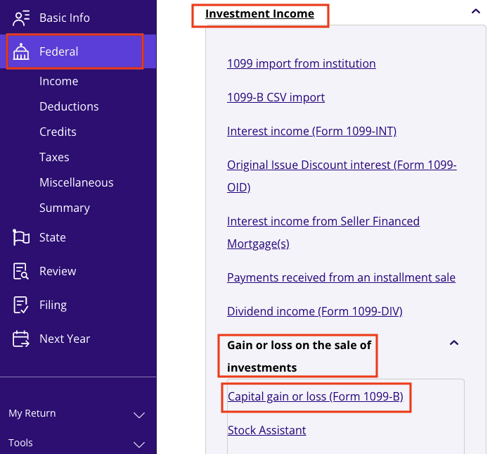 A screenshot of how to report income from Form 1099-SB as a capital gain using TaxAct