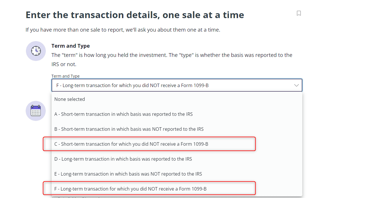 A screenshot of how to report short-term or long-term gains from Form 1099-SB using TaxAct