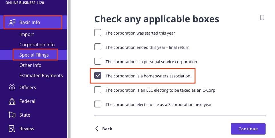 A screenshot of where to file Form 1120-H in TaxAct