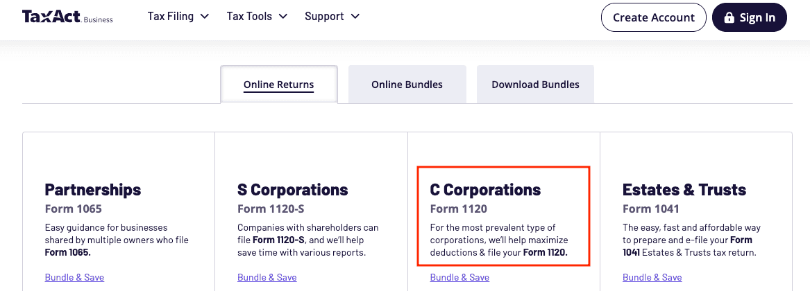 A screenshot of how to get started filing Form 1120 for C Corporations with TaxAct